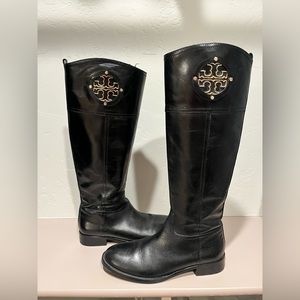 Tory Burch KIERNAN Tall Boots Riding Boot Gold Logo Black Sz 8